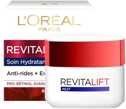 L’Oréal Paris - Soin Nuit Hydratant Visage Anti-Âge - Crème Anti-Rides, Extra-Fermeté & Tonifiante - Enrichi au Pro-Rétinol & Fibrelastyl - Tous Types de Peaux - Revitalift - 50 ml