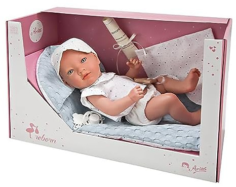 ARIAS Bébé Reborn Claudio Bleu avec Tapis pour Poussette ou Berceau et dou dou Anneau de Dentition