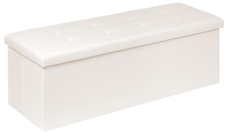PINPLUS Folding Storage Ottoman Bench with Tray, 43.3inches Faux Leather Long Storage Chest Footrest Seat, Coffee Table, Foot of Bed Storage Bench for Living Room Bedroom, Beige