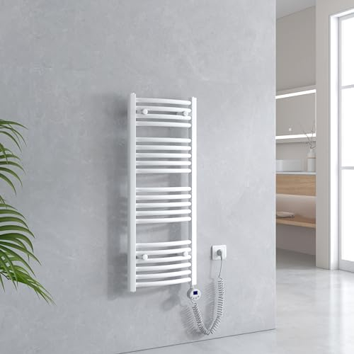 EMKE Badheizkörper Elektrisch mit Thermostat 1000 x 400 mm, Gebogen Handtuchheizkörper Elektrisch Handtuchwärmer Handtuchtrockner Elektrischer Handtuchhalter mit Heizstab Weiß 300W