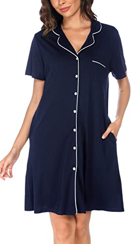 Vlazom Camicia da Notte Donna Estiva con Bottoni, Manica Corta Aperta Davanti, Pigiama Corto, Vestaglie Estive, M, A-Blu Marino