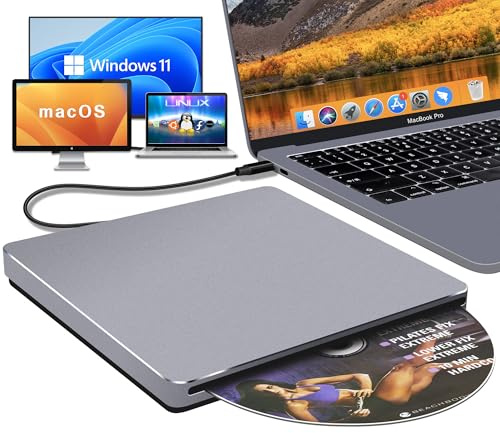 NOLYTH CD Drive External for Mac: USB C DVD Burner Player SuperDrive for Laptop Windows Apple Plug & Play High-Speed Data Backup with USB3.0 Adapter Aluminum(Grey)