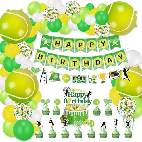 Decorazioni per Feste di Tennis - Striscione di Buon Compleanno, Cupcake Toppers, Palloncini per Uomini, Donne, Bambini - Festa di Compleanno a Tema Sportivo