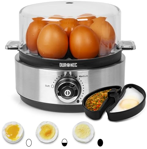 Duronic EB40 BK Hervidor de huevos | Potencia 400W | 7 huevos | Cocción con termostato y minutero | Huevos duros, huevos mollet, huevos pasados por agua | Apagado automático | Accesorio para escalfar