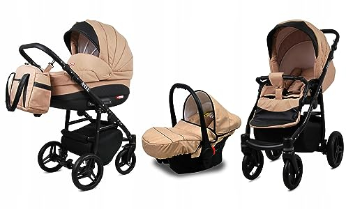 BabyLux® Bambimo Kinderwagen Set 3 in 1 - Axel - incl. Babywanne, Buggy Sportsitz, Auto-Babyschale - Autositz - Kinderwagenset - Kombikinderwagen mit Wickeltasche, Regenschutz usw.
