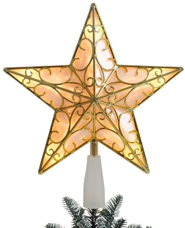 Gold Star Christmas Tree Topper, Anstore 10 Inches Stars for Christmas Decorations and Glittered Hollow Star Topper Built in 10 Bulbs String Lights 3D Star Treetop for Holiday Tree Decorations