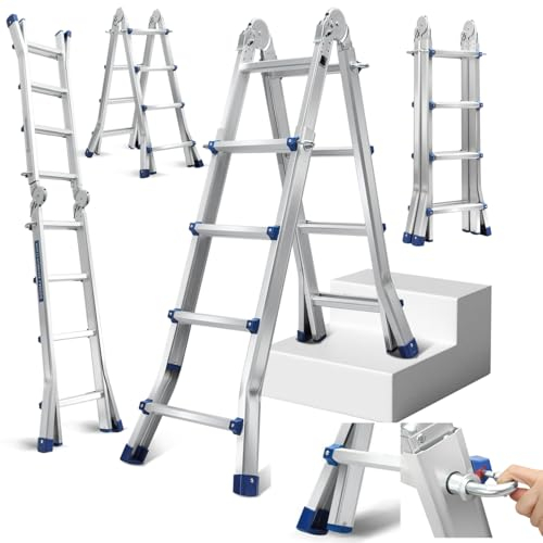 Fiqops Échelle télescopique - 4 m x 4 marches - Antidérapante - En aluminium - Charge maximale : 150 kg - Multifonction - Extensible