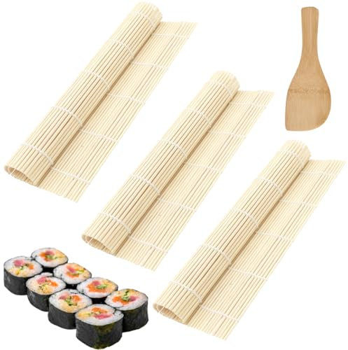 KOLZEMV Bambusmatte für Sushi 3 Stück, Natürliche Bambusrolle für Maki Sushi, Anfänger Sushi-Bastelset, sushi matte, sushi, bambusmattem, sushi roller, Mit einem Reislöffel