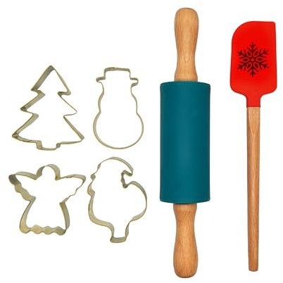 Zenker Christmas Baking Set, 6 Pieces, Silicone Spatula Red with Snowflake Motif, Silicone Rolling Pin Green, 4 x Cookie Cutters Gold, Biscuit Cutter Set for Baking, Non-Stick Non-Scratch Bakeware