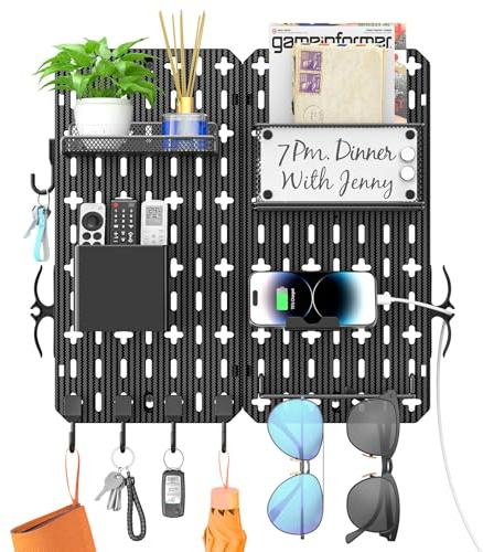 Key Holder Wall Mount & Mail Shelf, 11-in-1 DIY Key Organizer Rack with 5 Hooks Wall Hanger, Phone Glasses Letter Holder Detachable Storage Box Keys Hanger for Entryway Hallway Bedroom Office Decor