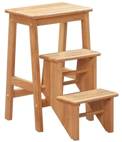 Pemberly Row Folding Wood Step Stool, 16 W x 24.5 H x 22.5 D, Natural Finish, Solid Rubberwood, 3-Step Design, Safety Latch, Protective Floor Glides, 300 lb Capacity, Compact Storage for Home Use