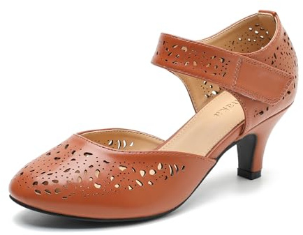 Women's Comfortable Mary Jane Pumps Vintage Cutout Closed Toe Kitten Heels for Dressy Office Work Brown Matte US 7.5