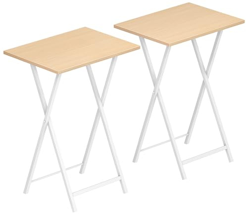 HOOBRO Tavolino, Tavolini per Spuntini, Set di 2 Pieghevoli Tavolo, Accanto al Divano, per Spazio Stretto, Struttura Stabile, Montaggio Facile, Bianco e Colore Legno Naturale EWN25BZ01