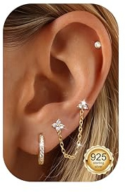 ADRAMATA 4 Pares Pendientes Mujer Plata de Ley 925 - Chapada en Oro de 14K Pendientes Aro con Cadena Hipoalergénico Conch Tragus Piercing Oreja Cartílago Helix Piercing Joyería