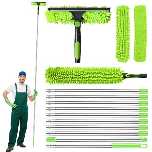 Kit de Limpieza de Ventanas de 4 m,Ventanas Escobilla 2 en 1,10 Extensible Palo Telescopico Limpieza,2 Paños de Microfibra,Ventanas Equipo Limpiador para Ventanas Altas,Cristales de Auto (Verde)