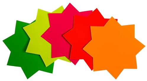 Janrax Pack of 20 Assorted Coloured Neon Fluorescent Stars 150 x 100mm – Large Star Shape Signs, Price Labels, Retail Displays, Classroom Crafts, Party Decorations