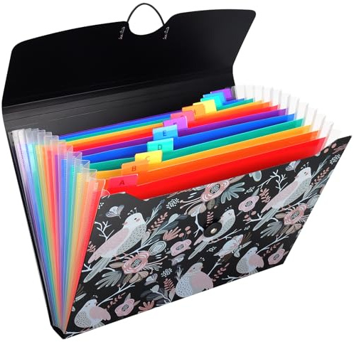 Uquelic 13 Pockets Expanding File Folder with Labels, A4 File Organizer, Floral Printed Accordion Folder, Portable Rainbow Document Filing Box, File Storage for School Office Supplies (Bird Print)
