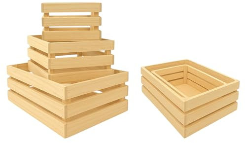 KORAT Set 3 Cassette in Legno Naturale Impilabili, misure 22x12x7cm, 26x16x9cm, 31x21x15cm, Cestini Portaoggetti Decorativi con Maniglie, Scatola organizer per camera, cucina, bagno