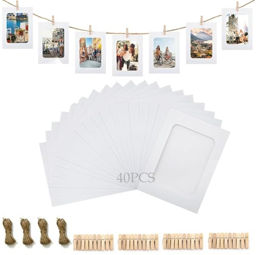 WLHFDC Lot de 40 guirlandes photo 10 x 15 cm - Cadre photo en papier avec pinces en bois - Petites et corde de chanvre - Décoration murale pour la maison, le bureau, l'école, le mur photo, les fêtes