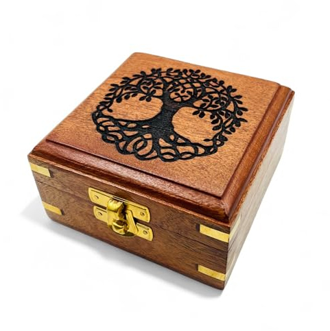 Handmade Wooden Tree of Life Box | Brass Inlay Jewellery & Keepsake Organizer | Rustic Brown Vintage Trinket Box for Tarot, Crystals & Gifts | Sustainable Wood Storage Box (10x10x5.5 cm)