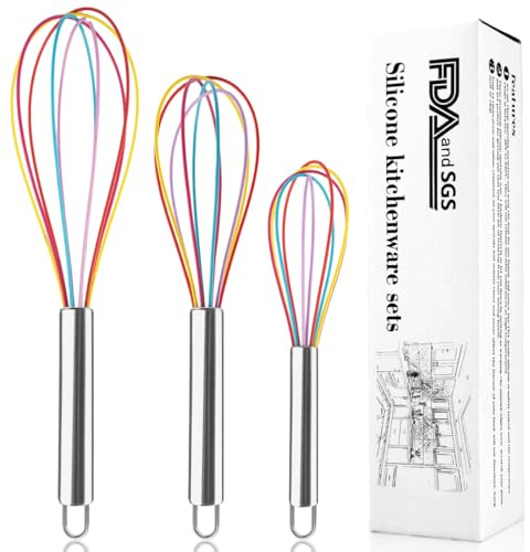 Silicone Whisk Set, 8 10 12, Rainbow | Stainless Steel Handle,Non Scratch,High Heat Resistant,Balloon Egg Beater