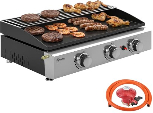 Outsunny 3 Burner Grill Griddle, Portable Gas Plancha with Warming Rack, 7.5 kW, Tabletop Gas BBQ with Grease Cup for Camping Picnic Patios, Black