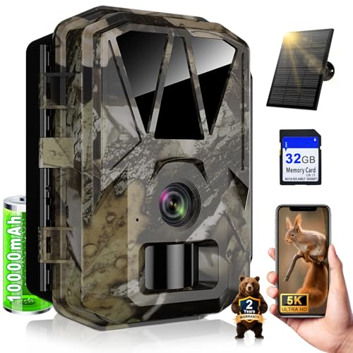 Cámara de Caza WiFi Solar, 5K/64 MP HD con 10000mAh Recargable Batería | Cámara para Fauna Silvestre con Visión Nocturna, Sensor de Movimiento, IP66