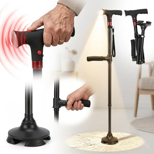 Astuvita Canne de Soutien avec Éclairage LED et Alarme de Sécurité - Canne de Marche Ergonomique et Lumineuse - Poignée Astuvita Confort - Aide à la Mobilité pour Senior - Pliable et Stable (#A)