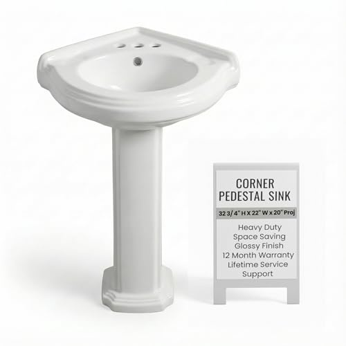 Renovators Supply Manufacturing Portsmouth 22-Inch Corner Pedestal Sink - White Vitreous China Porcelain - Space Saving Bathroom Basin with 4-Inch Centerset Faucet Holes & Overflow