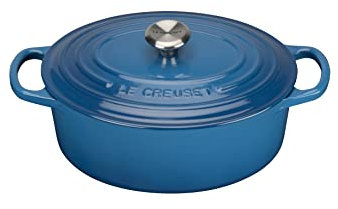 LE CREUSET Evolution Cocotte con Tapa, Ovalada, Todas Las Fuentes de Calor Incl. inducción, 3,2 l, Hierro Fundido, Azul(Marseille), 25 cm
