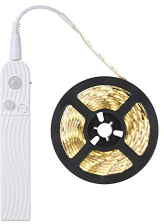 FOLGEMIR 2m LED Band mit Bewegungsmelder, Batterie betriebene Nachtlicht mit PIR-Sensor, wasserdichte Schrank Beleuchtung, Lichterkette selbstklebend (3000K Warmweiß, 2 Meter)