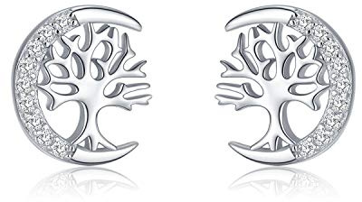 TANGPOET Tree of Life Earrings for Women 925 Sterling Silver Family Tree Stud Earring for Girls, Birthday Jewellery Gifts for Her, White Gold