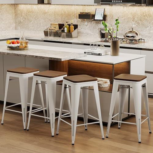 Alunaune 24 Metal Bar Stools Set of 4 Industrial Backless Counter Height Barstools Kitchen Patio Stool Stackable with Wooden Seat- White