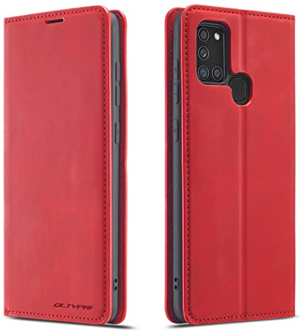 QLTYPRI Hülle für Samsung Galaxy A21S, Premium Dünne Ledertasche Handyhülle mit Kartenfach Ständer Flip Schutzhülle Kompatibel mit Samsung Galaxy A21S - Rot