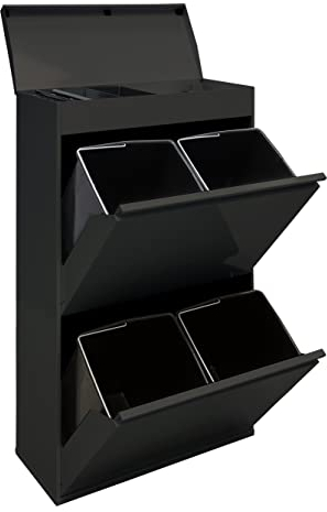 ARREGUI Top CR626-B Recycling Steel Bin with Storage Box with Lid, Waste Separation System with 4 Removable Plastic Inner Bins with Handle, 4 x 17 L (68 L), Black