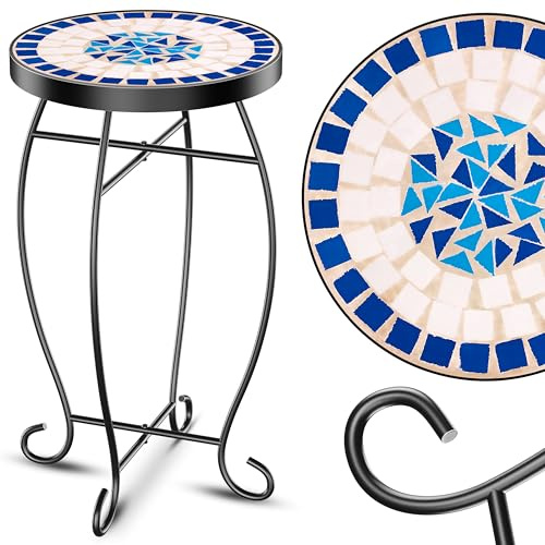 KESSER® Mosaikbord, bistrobord, växtpall, runt 60 x 34 cm, metall mosaik, sidobord, balkongbord, trädgårdsbord, terrassbord, balkong, stenmosaik, trädgårdsbord, inomhus, utomhus, Peripou