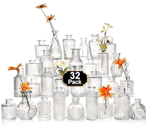Arme Glass Bud Vase Set of 32 Pcs，Small Glass Vases for Flowers，Clear Bud Vases in Bulk，Vintage Vases for Centerpieces，Small Glass Bud Vase for Rustic Wedding Decorations，Home Table Flower Décor