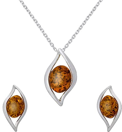 AMBEDORA Ensemble de Bijoux Pour Femmes Flammes D'ambre, Argent Sterling Poli, Ambre Baltique de Couleur Cognac, Argent Pendentif sur Chaîne et Boucles D'oreilles