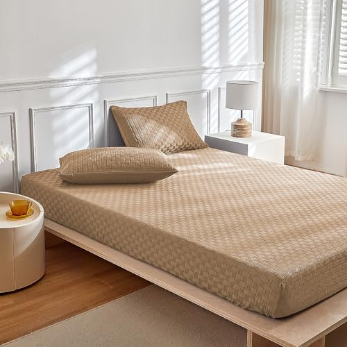 Tospass Jersey Spannbettlaken 90x200cm Khaki Jacquard Spannbetttuch, Bettlaken 90x200cm Bis 35 cm Matratzenhöhe, Leintuch 90x200 mit Gummizug, Hautfreundlich Atmungsaktiv, Oeko-Tex Zertifiziert