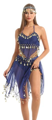 Carnavalife Conjunto de Danza Vientre, Top y Falda de Danza Vientre, Diadema de Danda Vientre (2pcs/3pcs) (FR/ES, Números, 36, 40, Regular, Regular, Azul con Diadema)