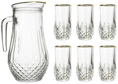 Reldor Jug and Tumbler Set 7 Pieces Drinking Glassware Set Crystal Effect Highball Water Juice Glasses Tumblers Gold Rim Pitcher Jug
