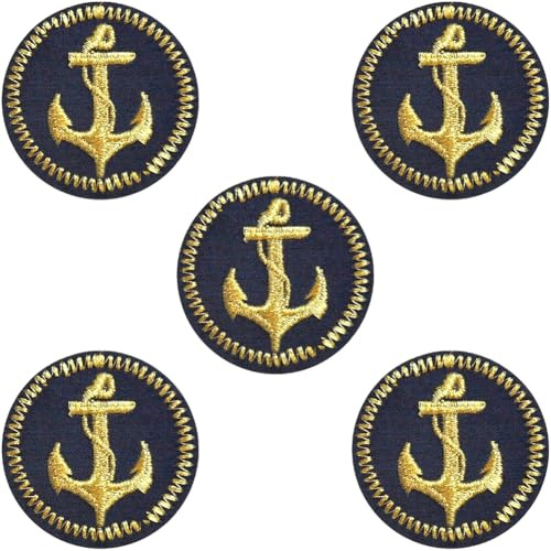 CABODYALS 5 pz Toppe Da Marinaio Da Stirare Nere Piatte Rotonde Toppe Nautiche Ricamate con Ancora Dorata Da Cucire e Riparare, Applique Alla Rinfusa per Cucire Zaini, Vestiti, Jeans, Borse, Natale, F