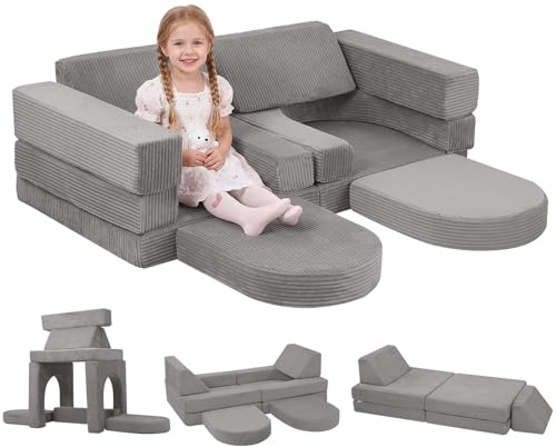 MeMoreCool 10-Pieces Kids Play Sofa, Corduroy Modular Toddler Chair Couch for Playroom, Fold Out Foam Couch for Girls Boys, Convertible Armchair Children Sectional Playset, Light Grey