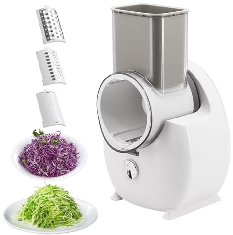 Rallador de Queso eléctrico, rallador rotativo eléctrico de 50 W para Verduras y Frutas, Picador de Verduras Multifuncional con 3 Juegos de Cuchillas Intercambiables de Diferentes Formas