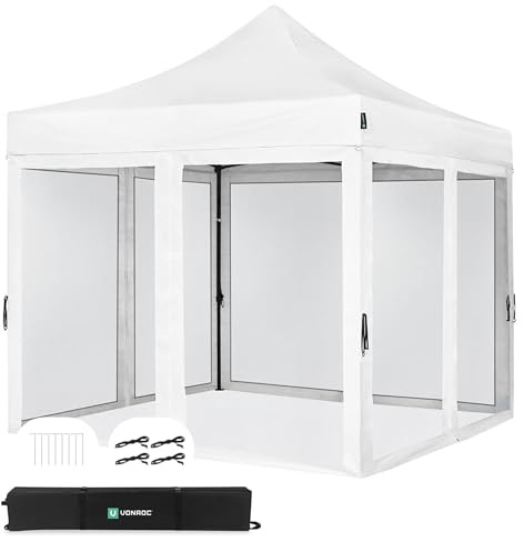 VONROC Gazebo Easy-Up 3 x 3 m Gazebo med sidoväggar och myggnät, vattentät, UV-skydd, expanderbar - vit