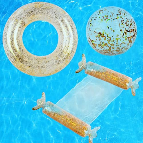 JORAKI Bouee, 3 Pièces Jeux Piscine avec Matelas Piscine Anneau de Natation et Ballon Gonflable, Jouet Accessoires de Piscine Amusants pour Adultes et Enfants