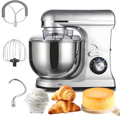 Mezcladora De Alimentos Comerciales 7l, 1300 W Mezrador De Soporte De Acero Inoxidable con Gancho De Masa+Gancho De Mezcla+batidor De Huevo, Batidora De Masa De Mezcladora De Panadería 8 Velocidades