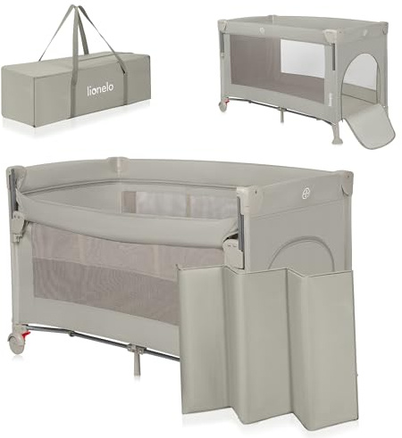 Lionelo Ellen 3 in 1 Reisebett von 0 bis 3 Jahren, Beistellbett für Neugeborene und ältere Kinder bis 15 kg, 2 Matratzenhöhen, Befestigungsgurte, seitlicher Reißverschluss, 2 Rollen, Tasche