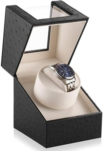 Lian Single Watch Winder with Quiet Motor for Men and Women Automatic Rotating Storage Display Box for Mechanical Watches Crocodile Leather Pattern-Black (Ostrich pattern black)