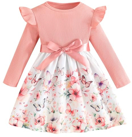 Pilipulu Vestido Niña Moño Flores Elegante Mariposa Niños Vestidos Mangas Largas Fiesta Cuello Redondo Rosa 6 años